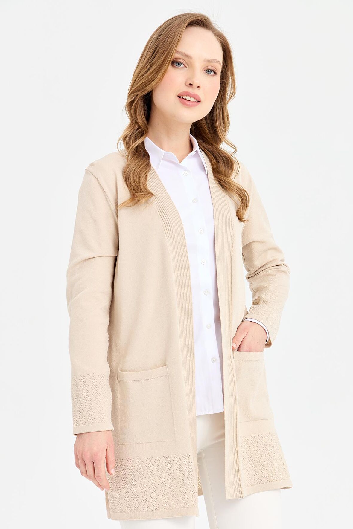 Kadın Triko Araboy Yazlık İnce Ceket Bej