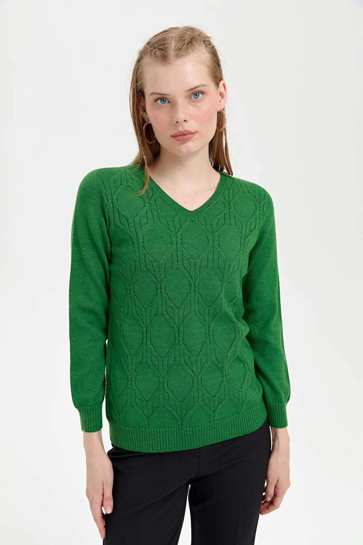 Kadın V Yaka Dikişsiz Önü Desenli Kazak K.Yosun