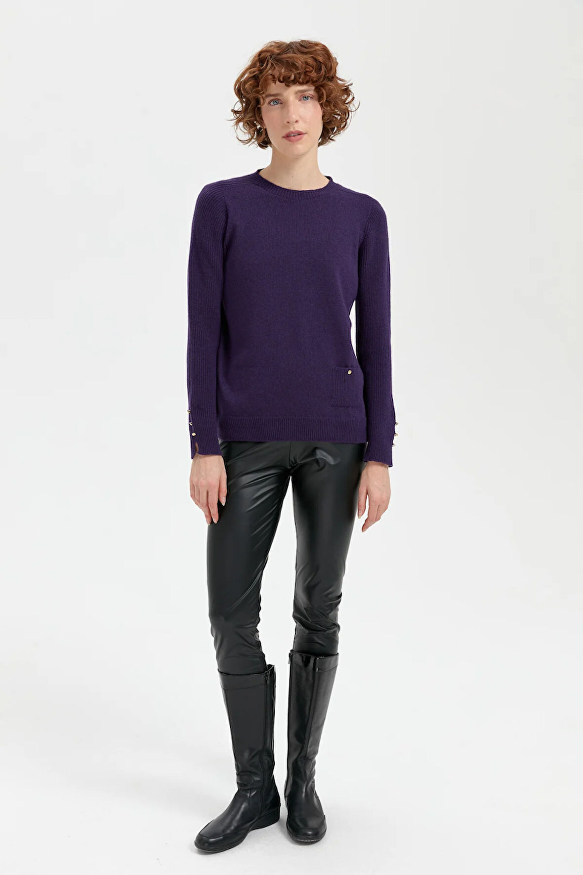 Kadın Sıfır Yaka Dikişsiz Cepli Yün Kazak K.Mor