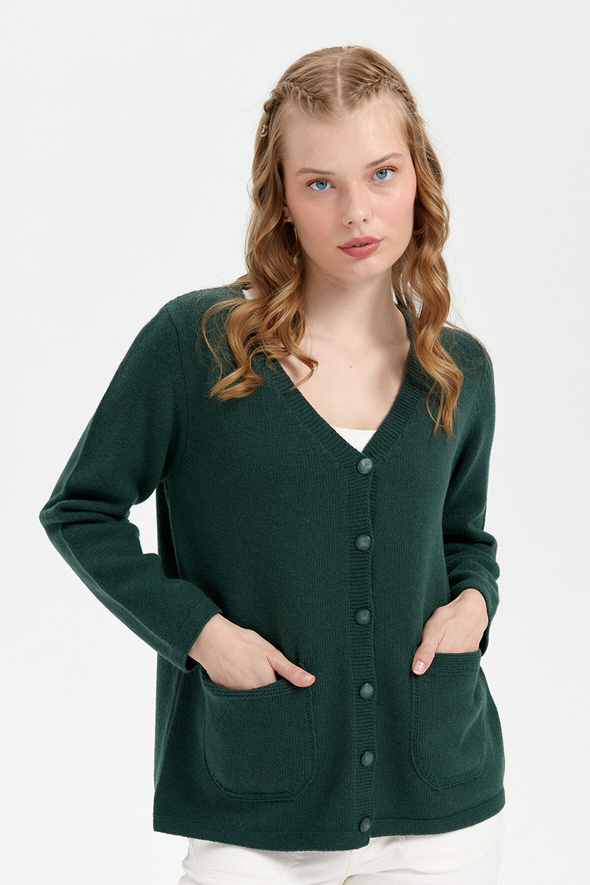 Kadın V Yaka Basic Yün Hırka Yeşil