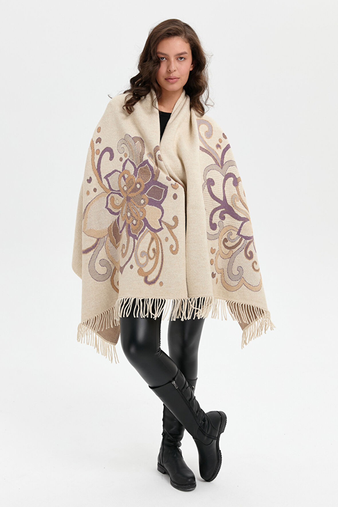 Kadın Karışık Büyük Çiçek Desenli Battal Boy Şal T.Melanj_Mor Sarı Sim