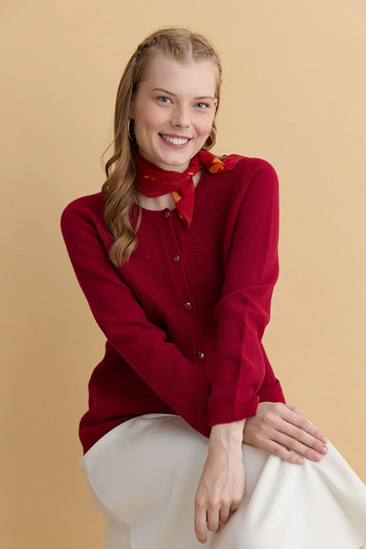 Kadın Sıfır Yaka Önü Baklava Örgü Dikişsiz Yün Hırka V.Çürüğü