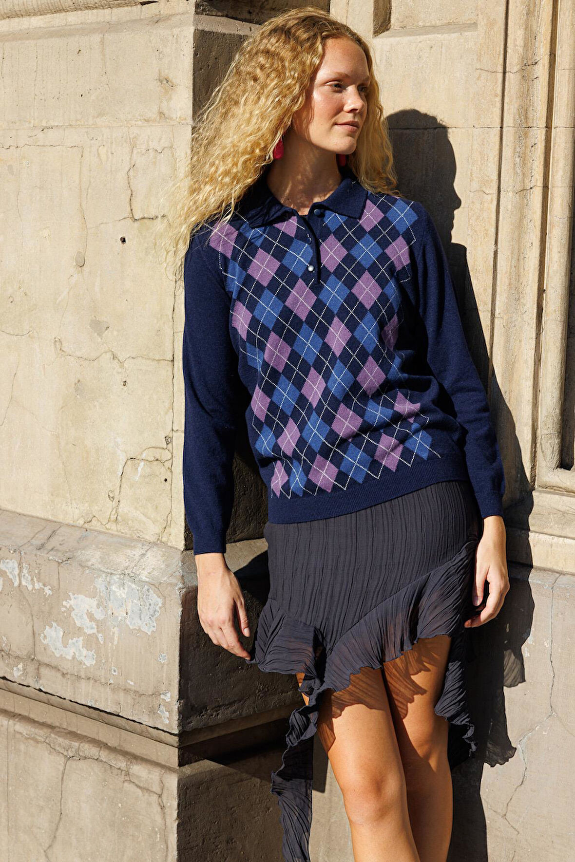 Kadın Polo Yaka Önü Baklavalı Yün Kazak Y.A.Lacivert