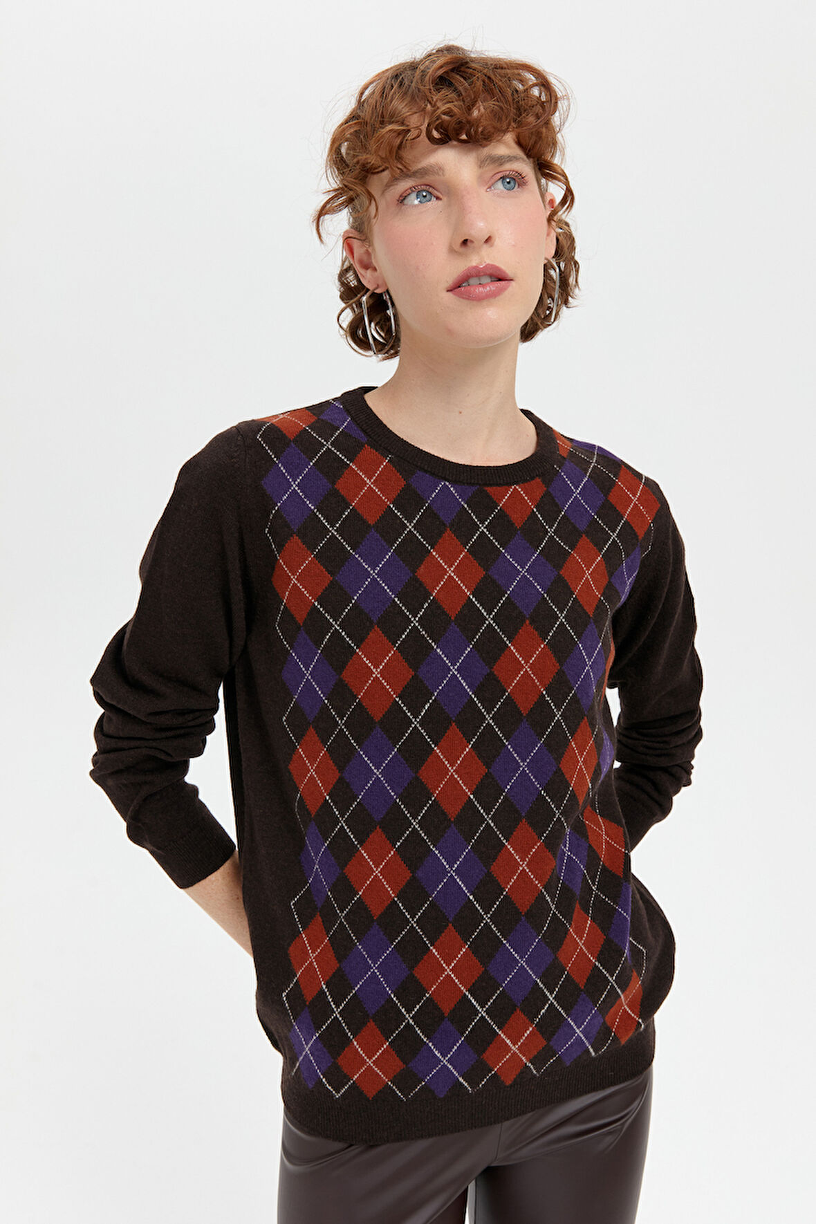 Kadın Sıfır Yaka Önü Baklava Desenli Yün Kazak K.Kahve