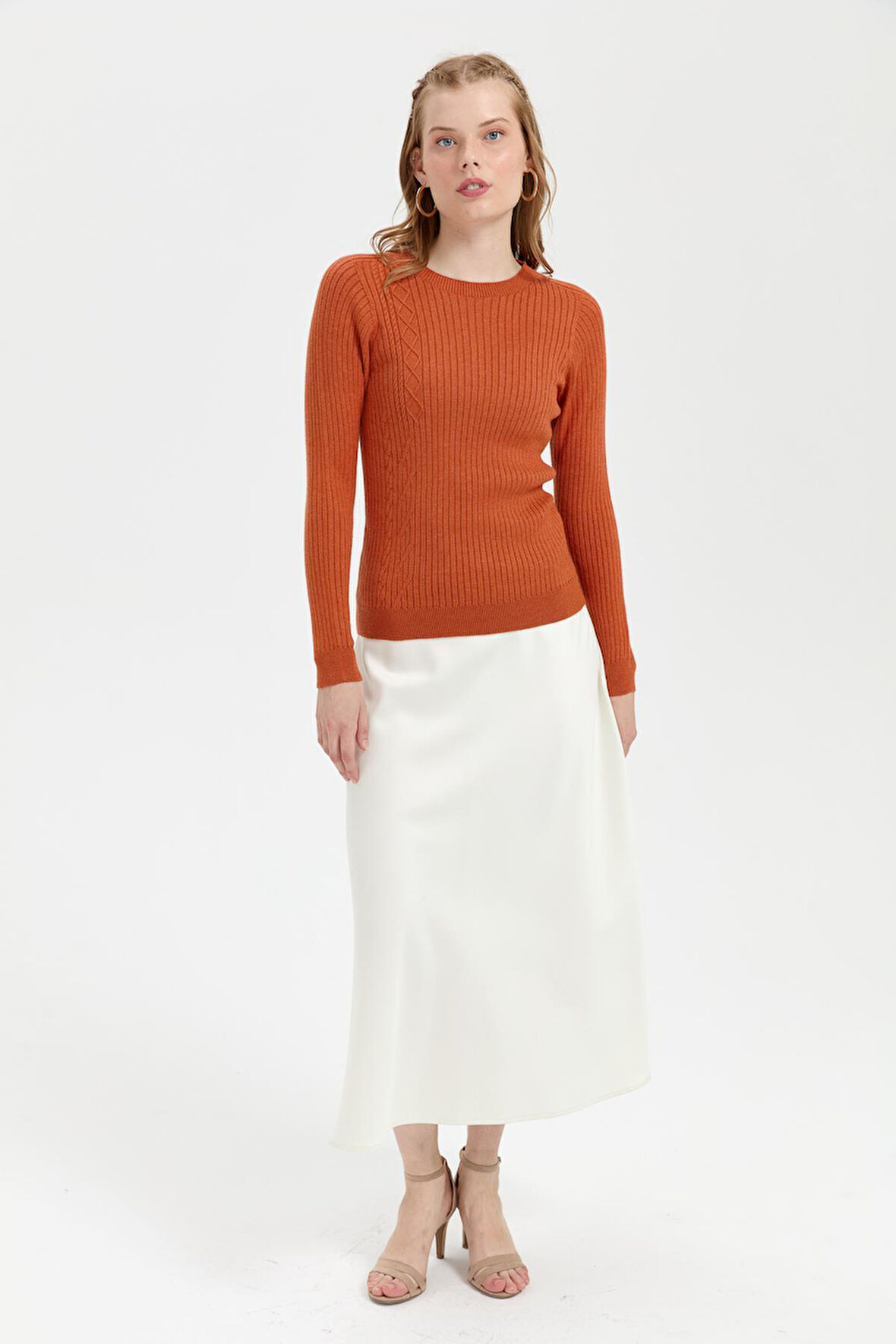 Kadın Sıfır Yaka Dikişsiz Önü Desenli Kazak Turuncu