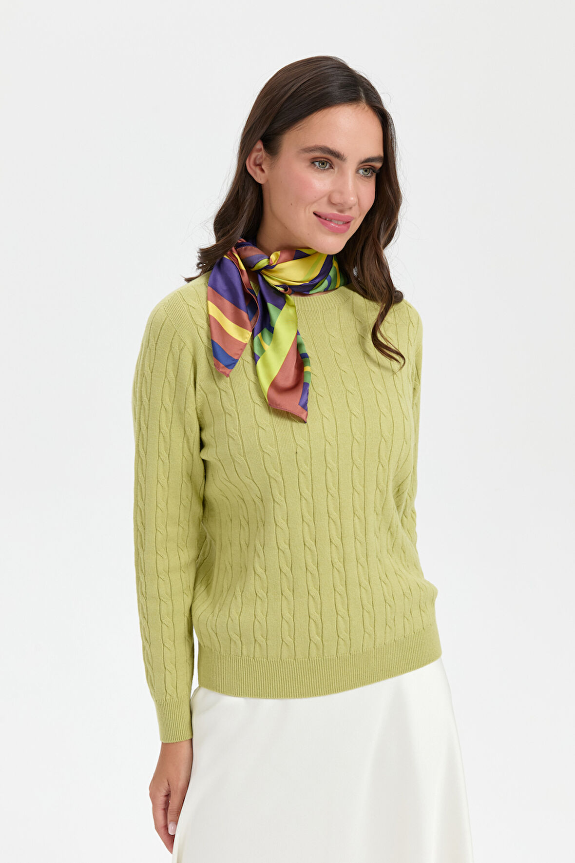 Kadın Sıfır Yaka Saç Örgülü Kazak A.Yeşil