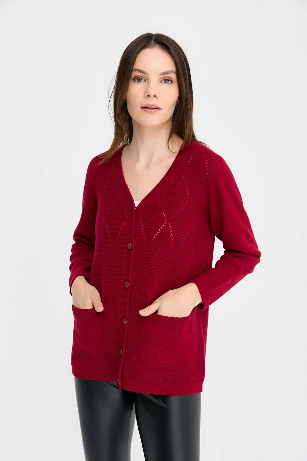 Kadın V Yaka Dikişsiz Önü Baklavalı Düğmeli Yün Hırka V.Çürüğü