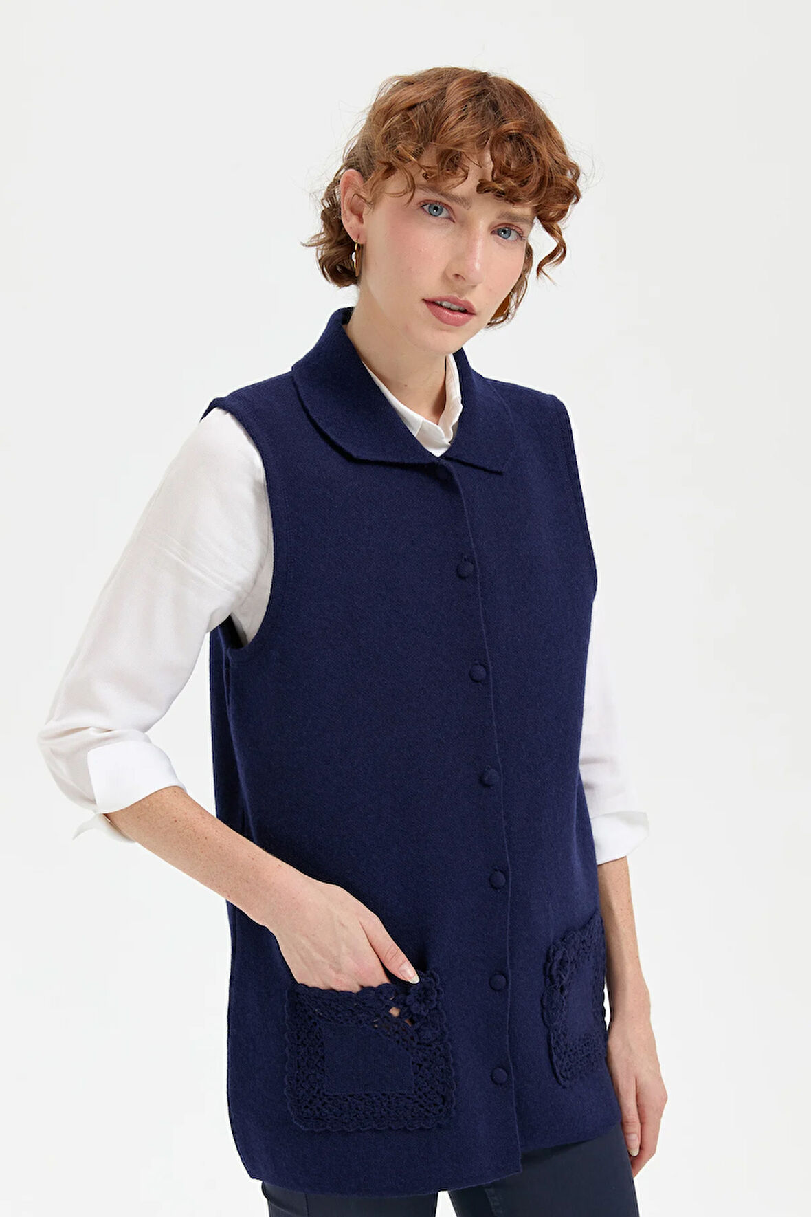 Kadın Polo Yaka Düğmeli Kısa Yün Yelek Y.A Lacivert