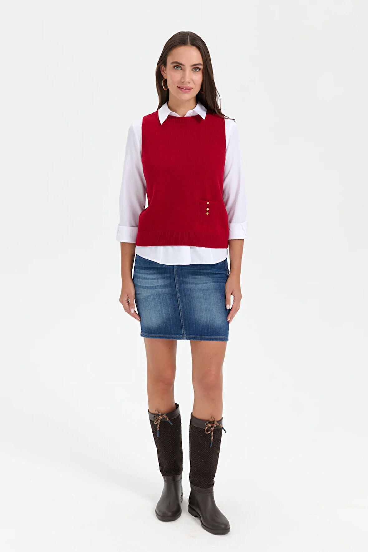 Kadın Sıfır Yaka Dikişsiz Cepli Yün Süveter K.Kırmızı