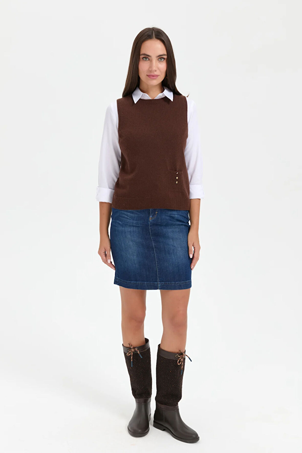 Kadın Sıfır Yaka Dikişsiz Cepli Yün Süveter M.Kahve