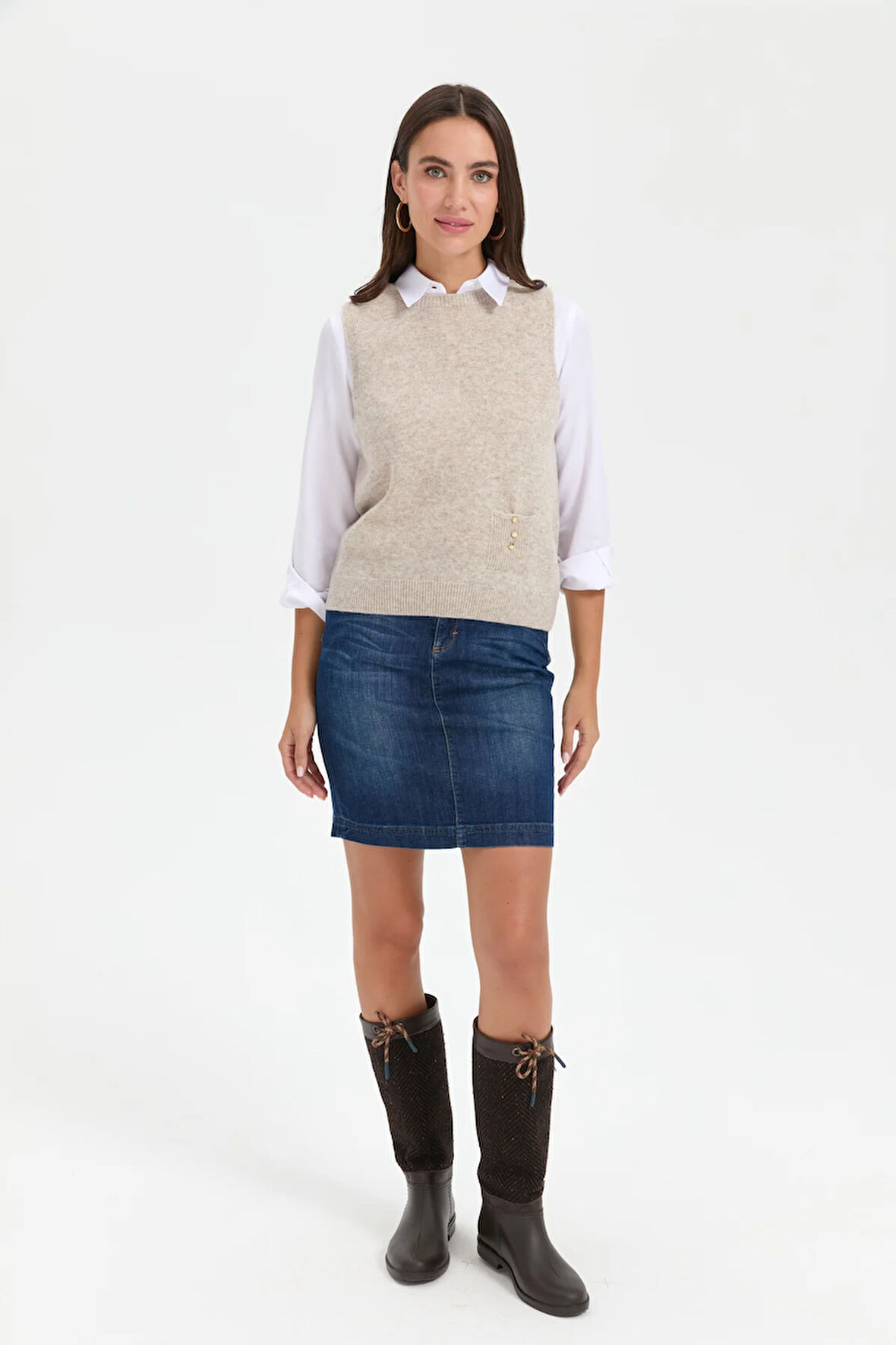 Kadın Sıfır Yaka Dikişsiz Cepli Yün Süveter V.Bej