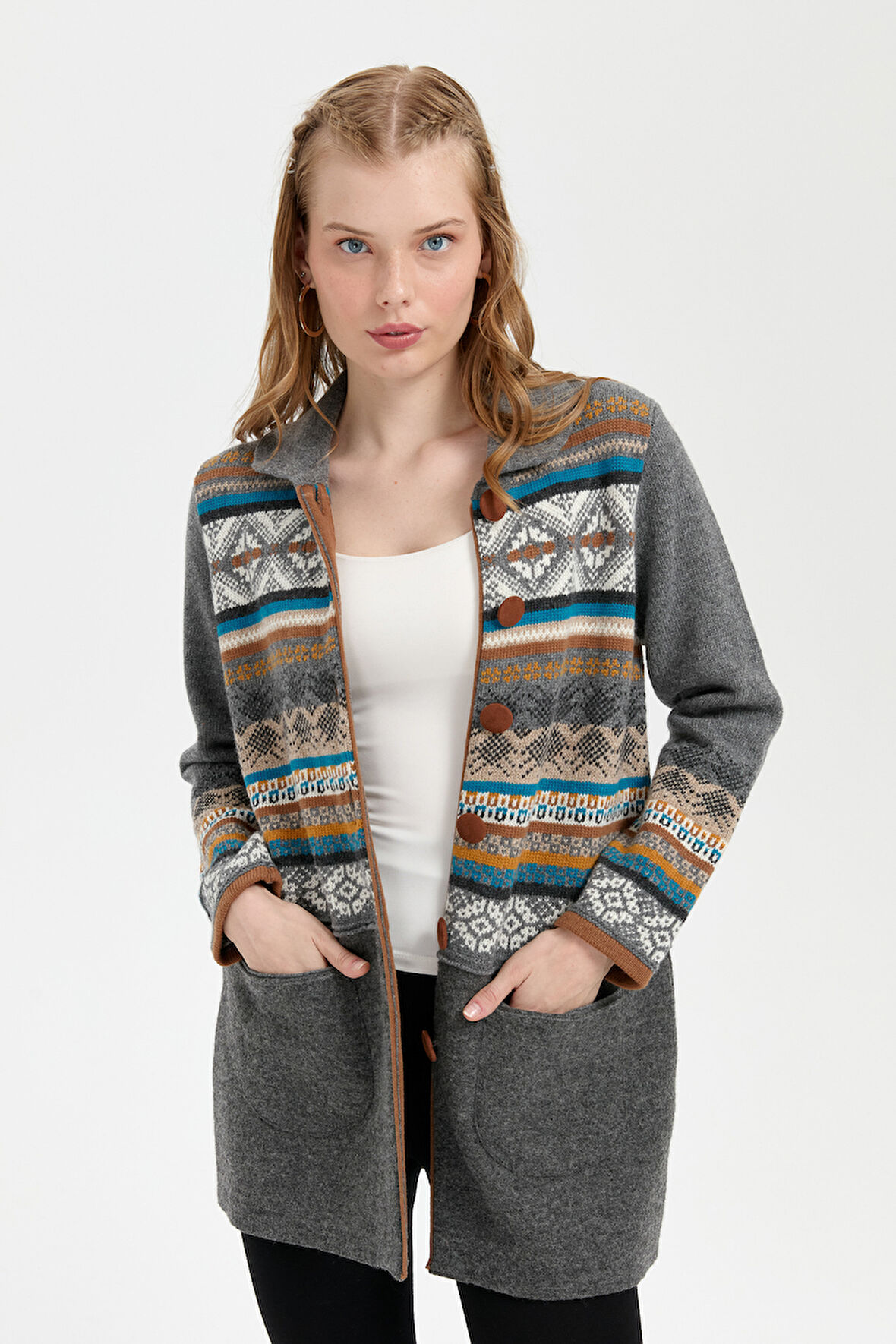 Kadın Polo Yaka Eteği Keçeli Araboy Yün Hırka Füme