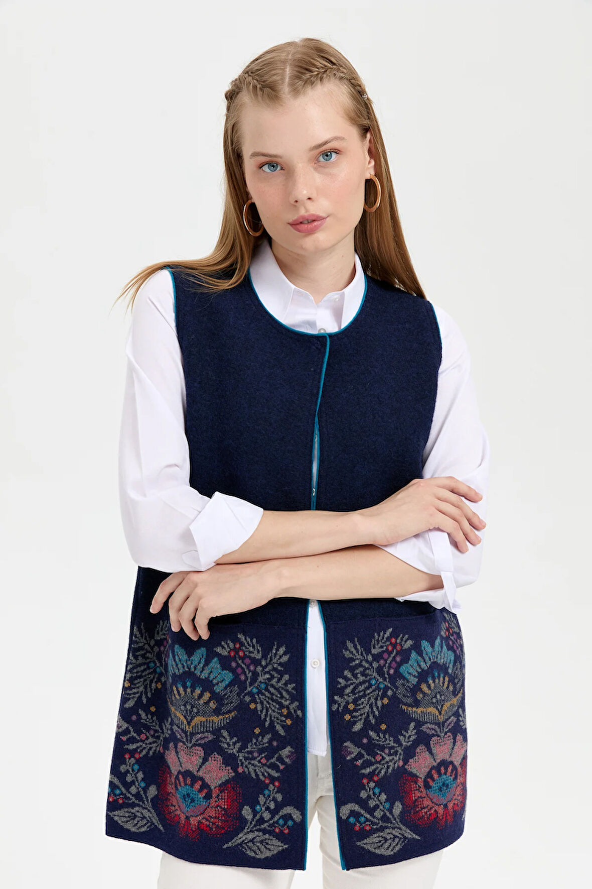 Kadın Triko Önü Açık Araboy Yün Yelek Y.A Lacivert