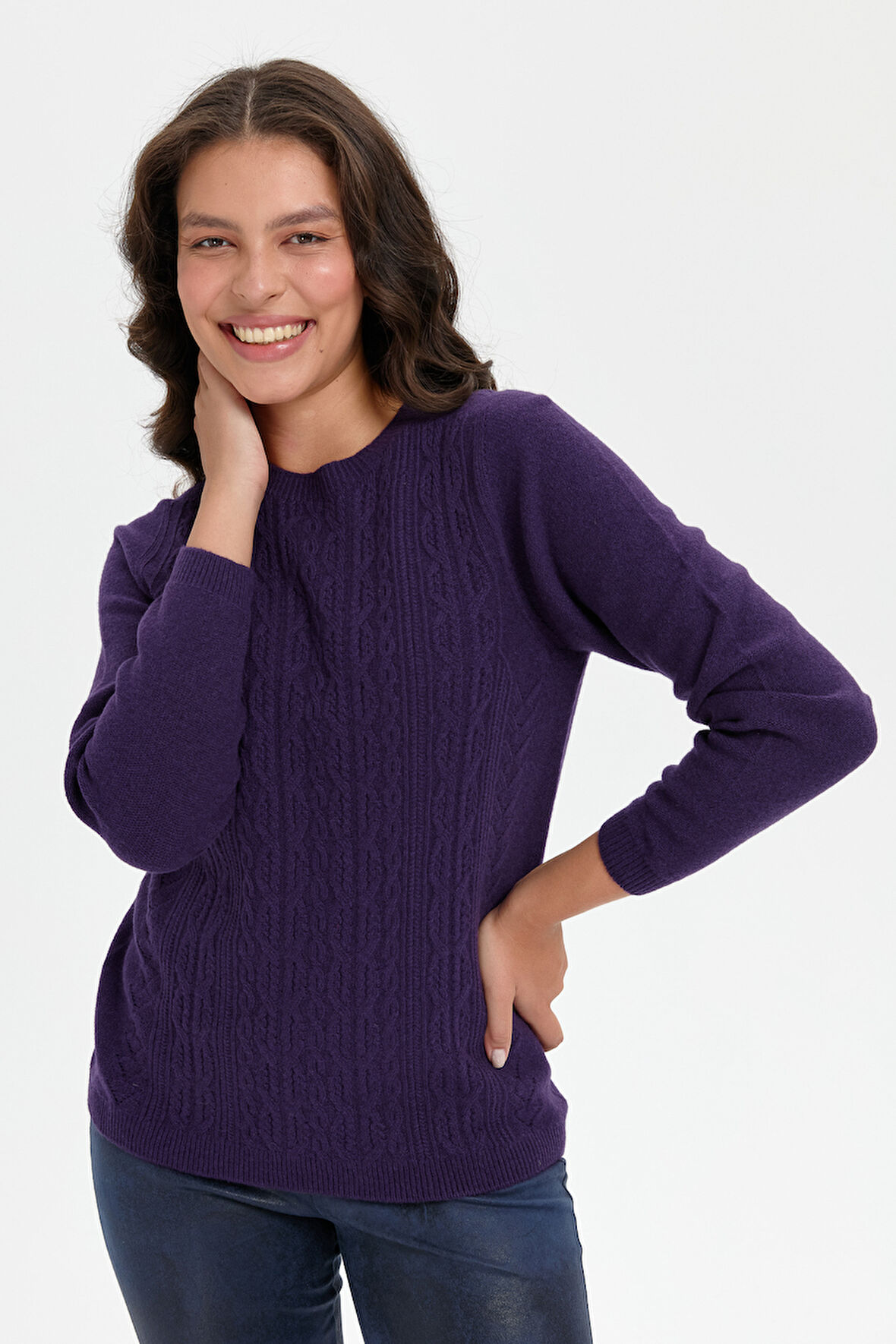 Kadın Sıfır Yaka Dikişsiz Önü Yürütmeli Yün Kazak K.Mor