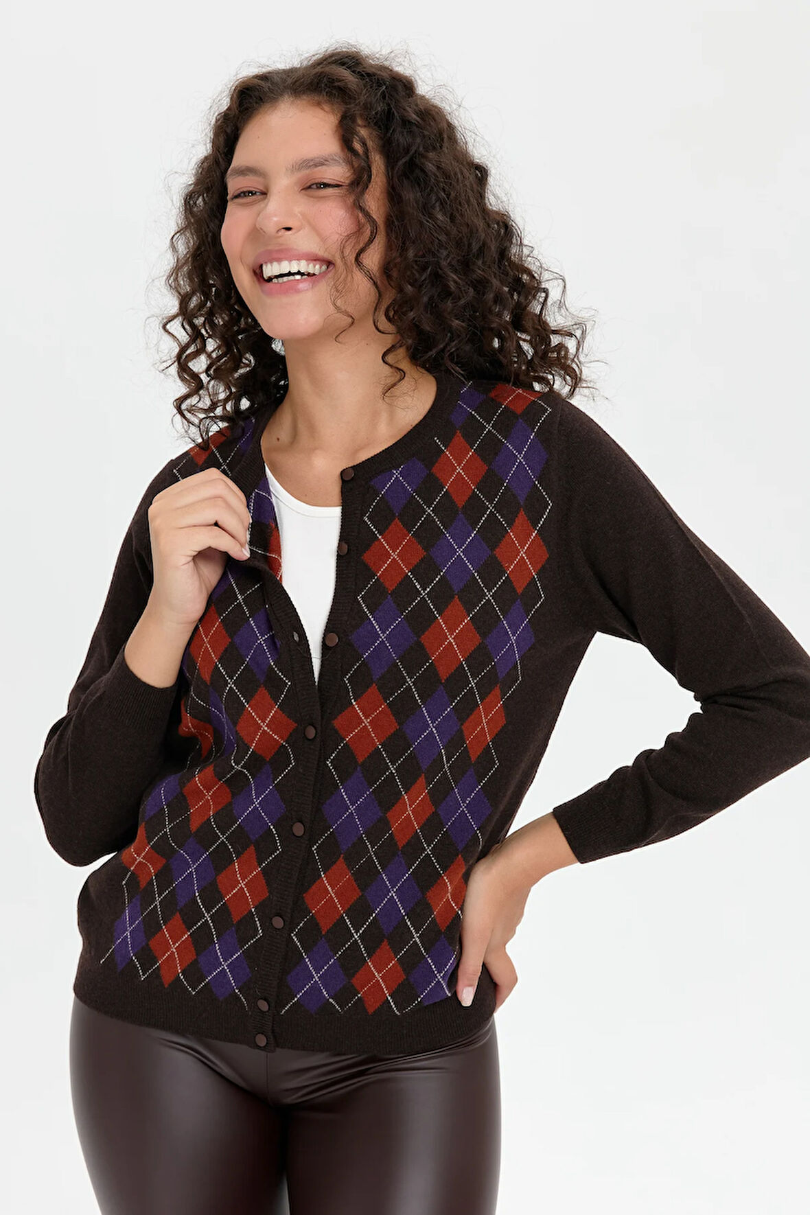 Kadın Sıfır Yaka Önü Baklavalı Yün Hırka K.Kahve