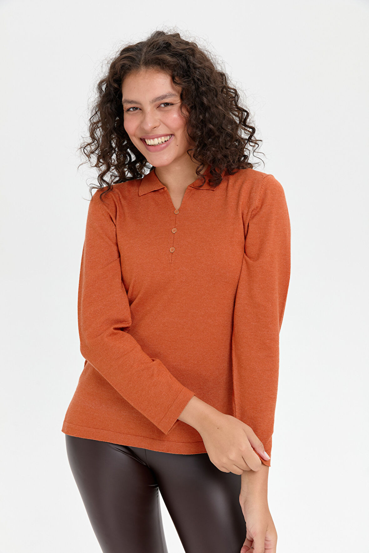 Kadın Polo Yaka Yanı Yırtmaçlı Kazak Portakal