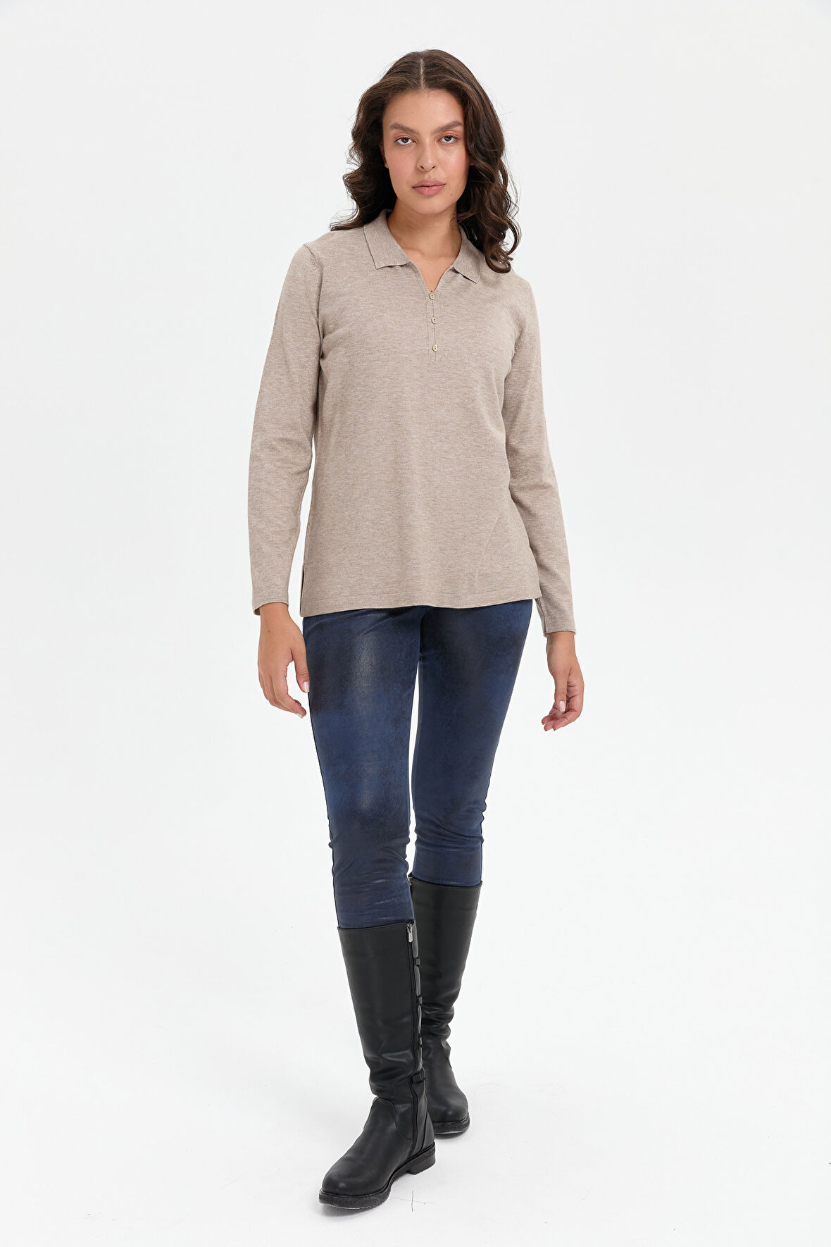 Kadın Polo Yaka Yanı Yırtmaçlı Kazak Vizon