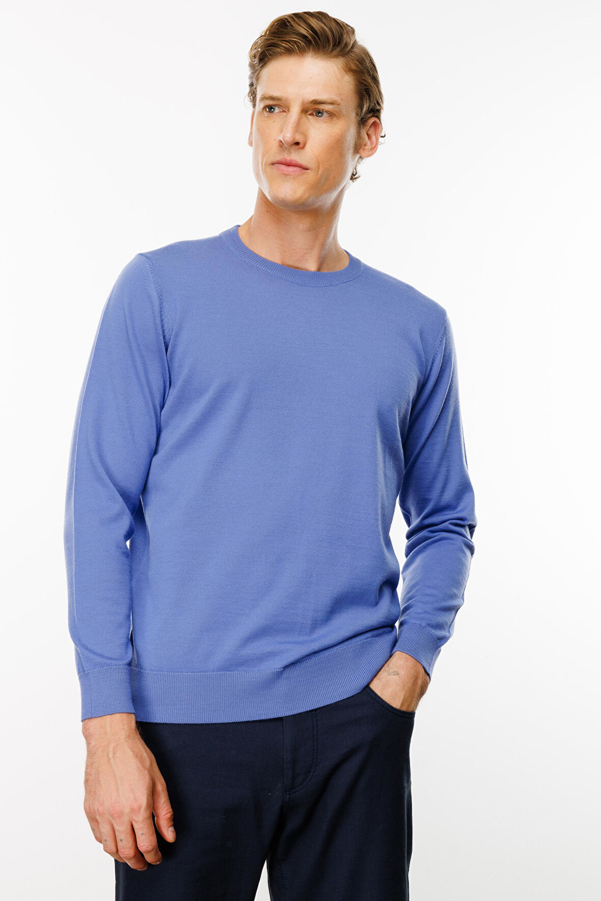 Erkek Basic Sıfır Yaka İnce Triko Kazak Eflatun