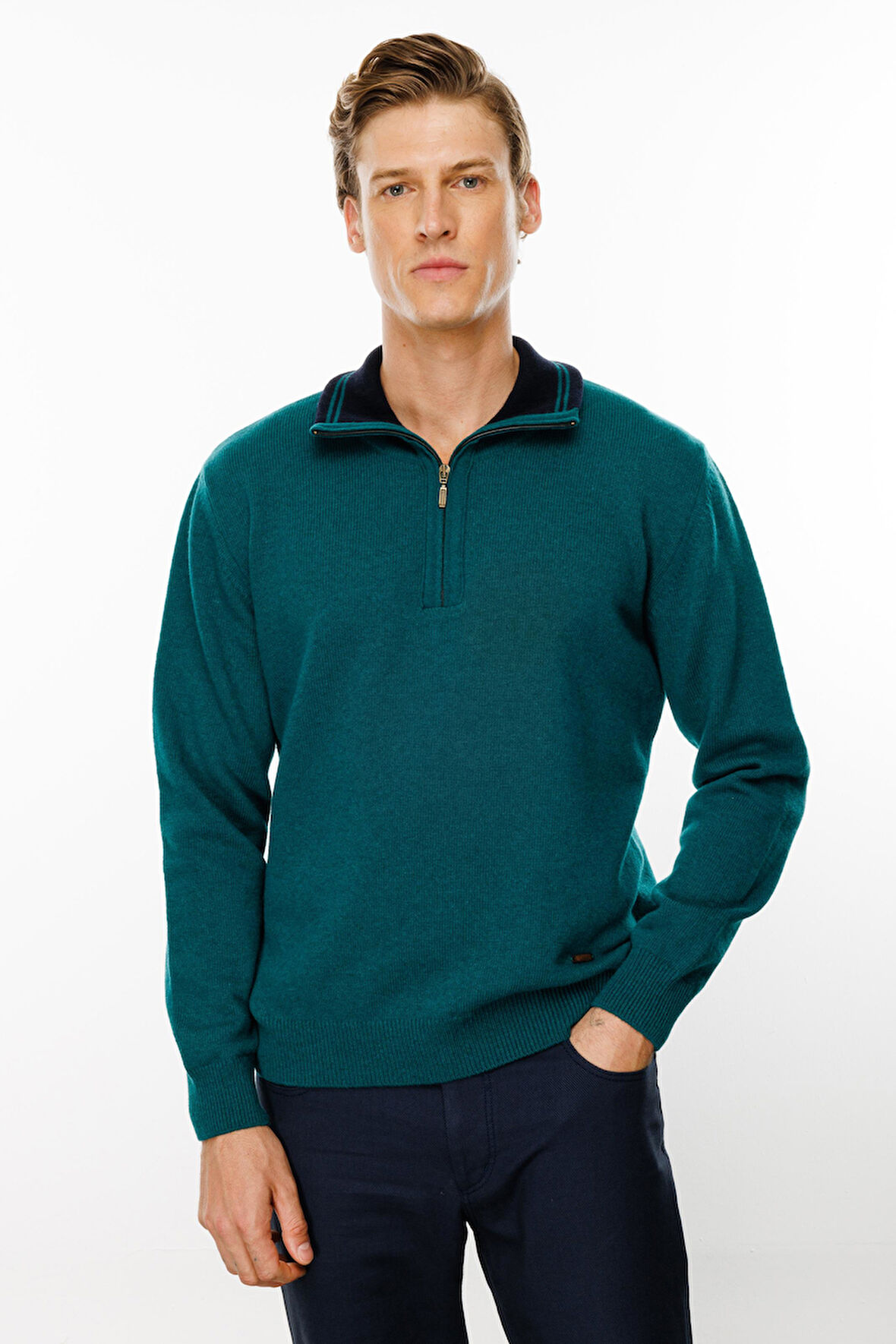 Erkek Fermuarlı Yaka Klasik Yün Kazak K.Ö.başı