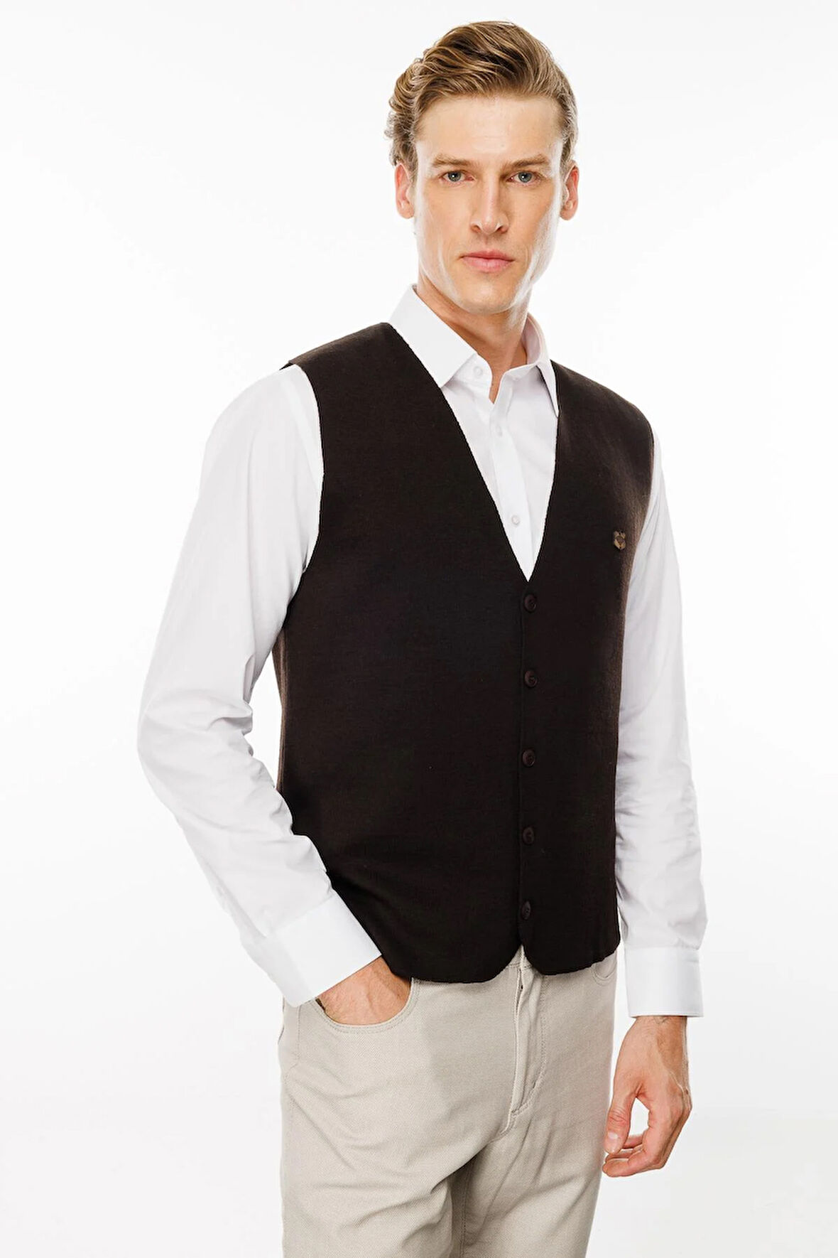 Erkek V Yaka Düz Yün Yelek K.Kahve
