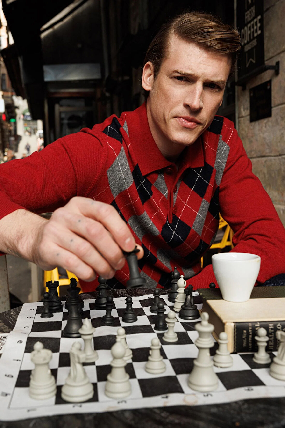 Erkek Polo Yaka Önü Baklava Desenli Yün Kazak K.Kırmızı