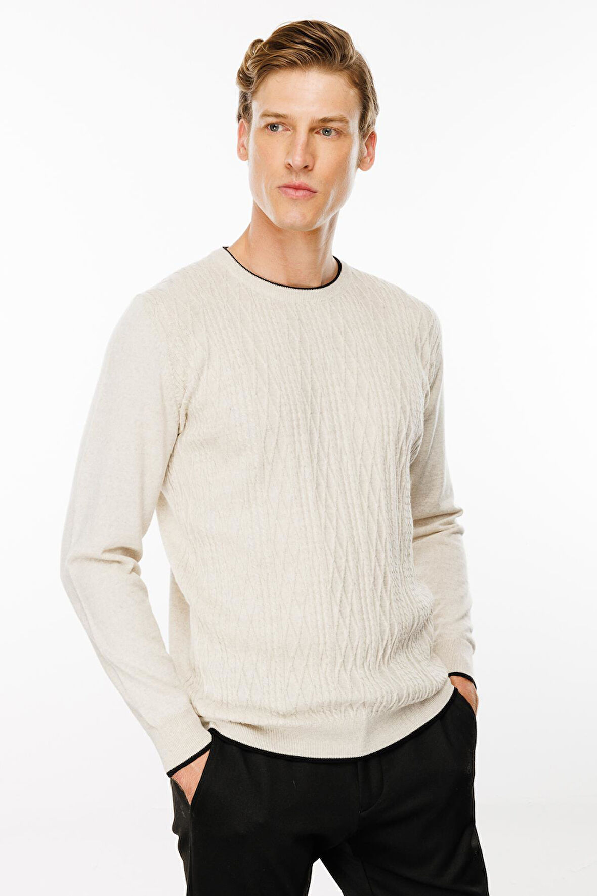 Erkek Sıfır Yaka Önü Baklava Örgü Kazak V.Bej