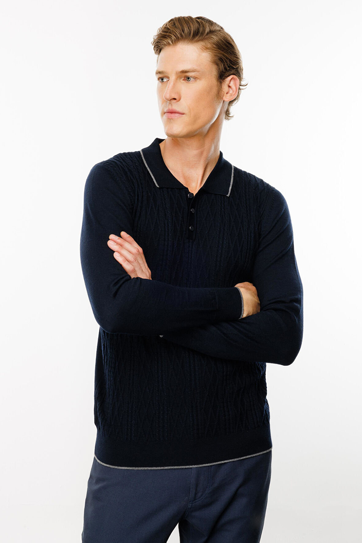 Erkek Polo Yaka Önü Baklava Örgü Kazak Lacivert