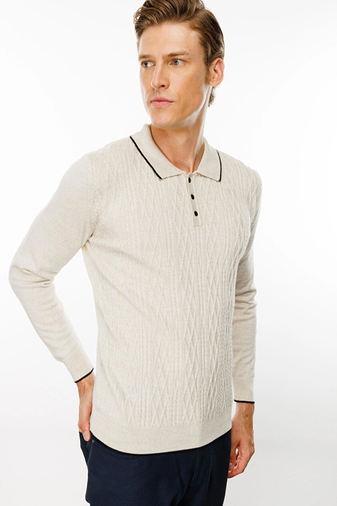 Erkek Polo Yaka Önü Baklava Örgü Kazak V.Bej