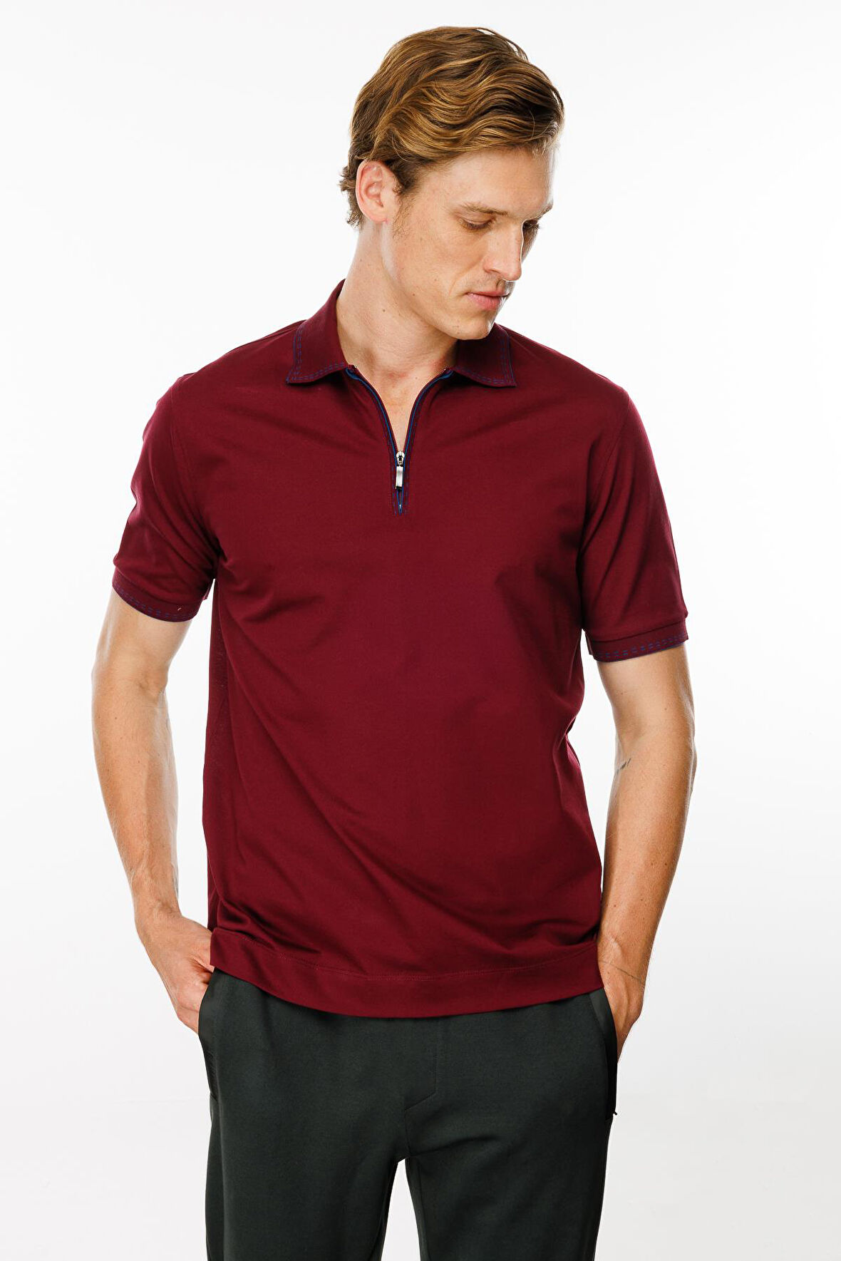 Erkek Polo Yaka Yakası Fermuarlı T-shirt Bordo