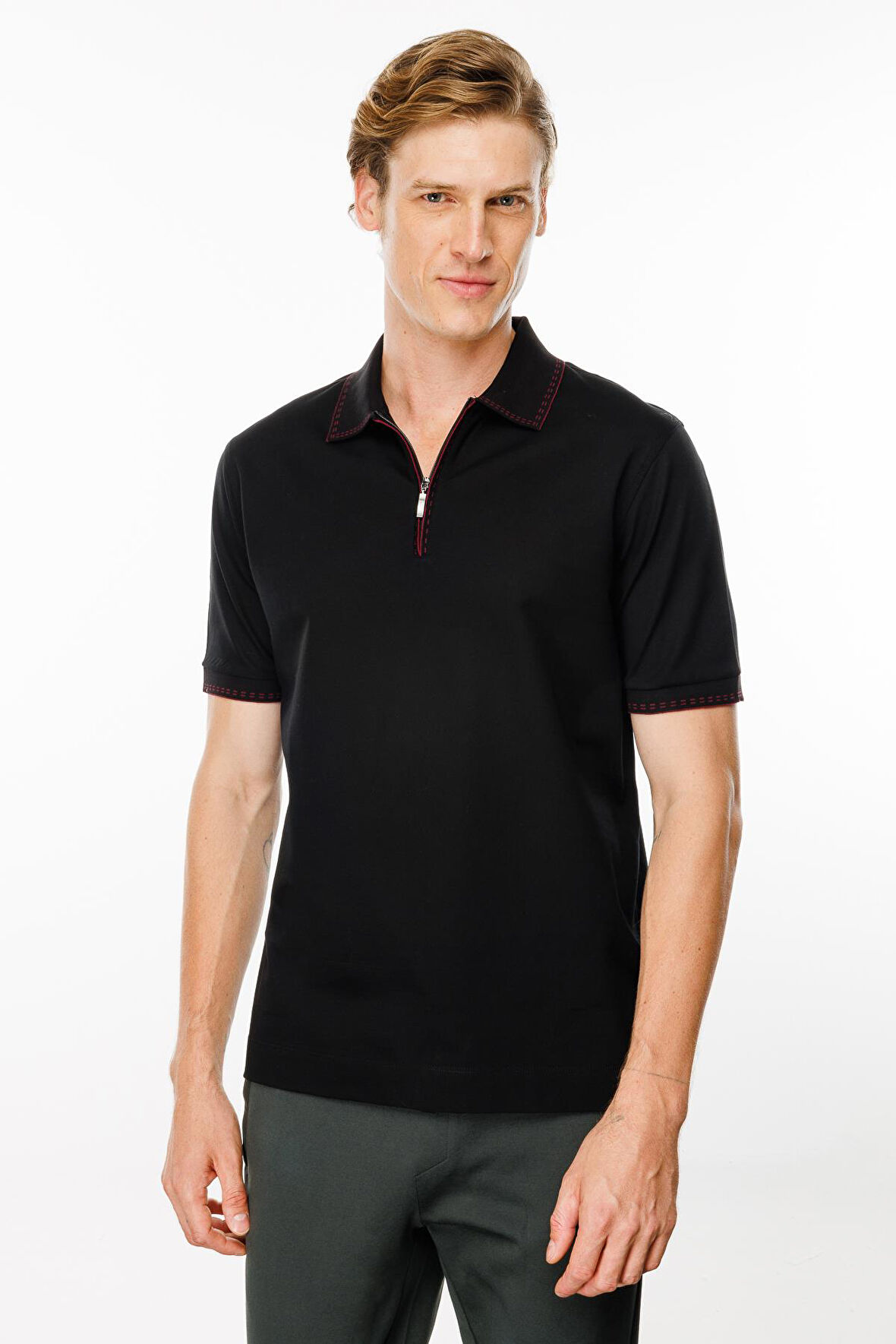 Erkek Polo Yaka Yakası Fermuarlı T-shirt Siyah