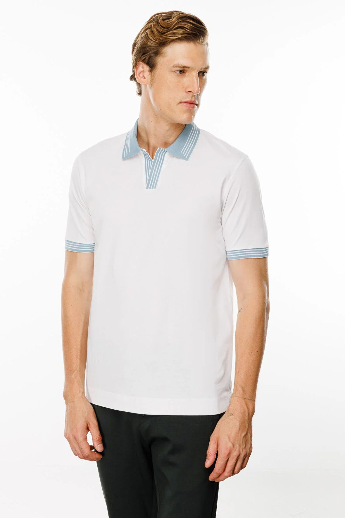 Erkek Polo Yaka Kolu ve Yakası Çizgili T-shirt Beyaz