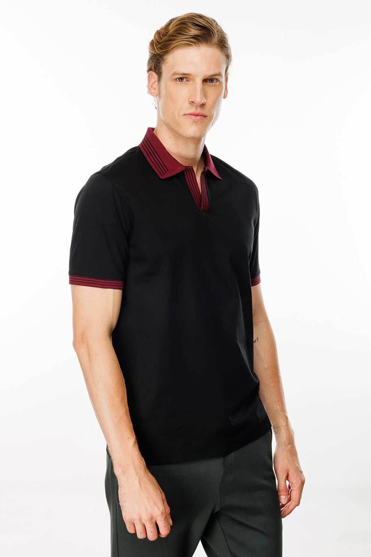 Erkek Polo Yaka Kolu ve Yakası Çizgili T-shirt Siyah