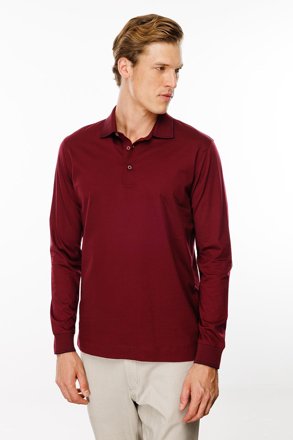 Erkek Polo Yaka Uzun Kollu Sweatshirt Bordo