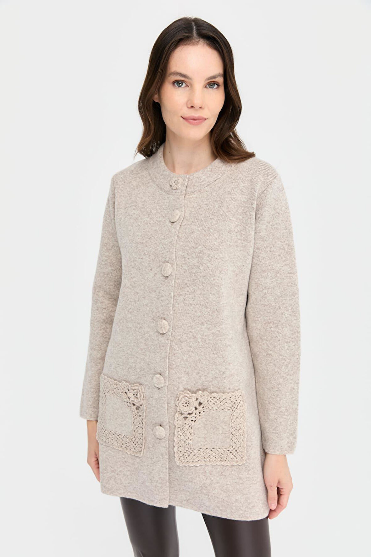 Kadın Dik Yaka Araboy Yün Hırka V.Bej