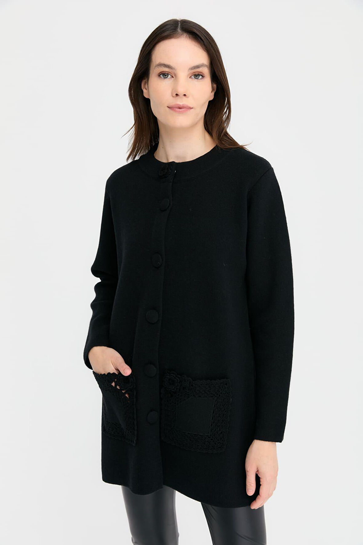 Kadın Dik Yaka Araboy Yün Kaban Siyah