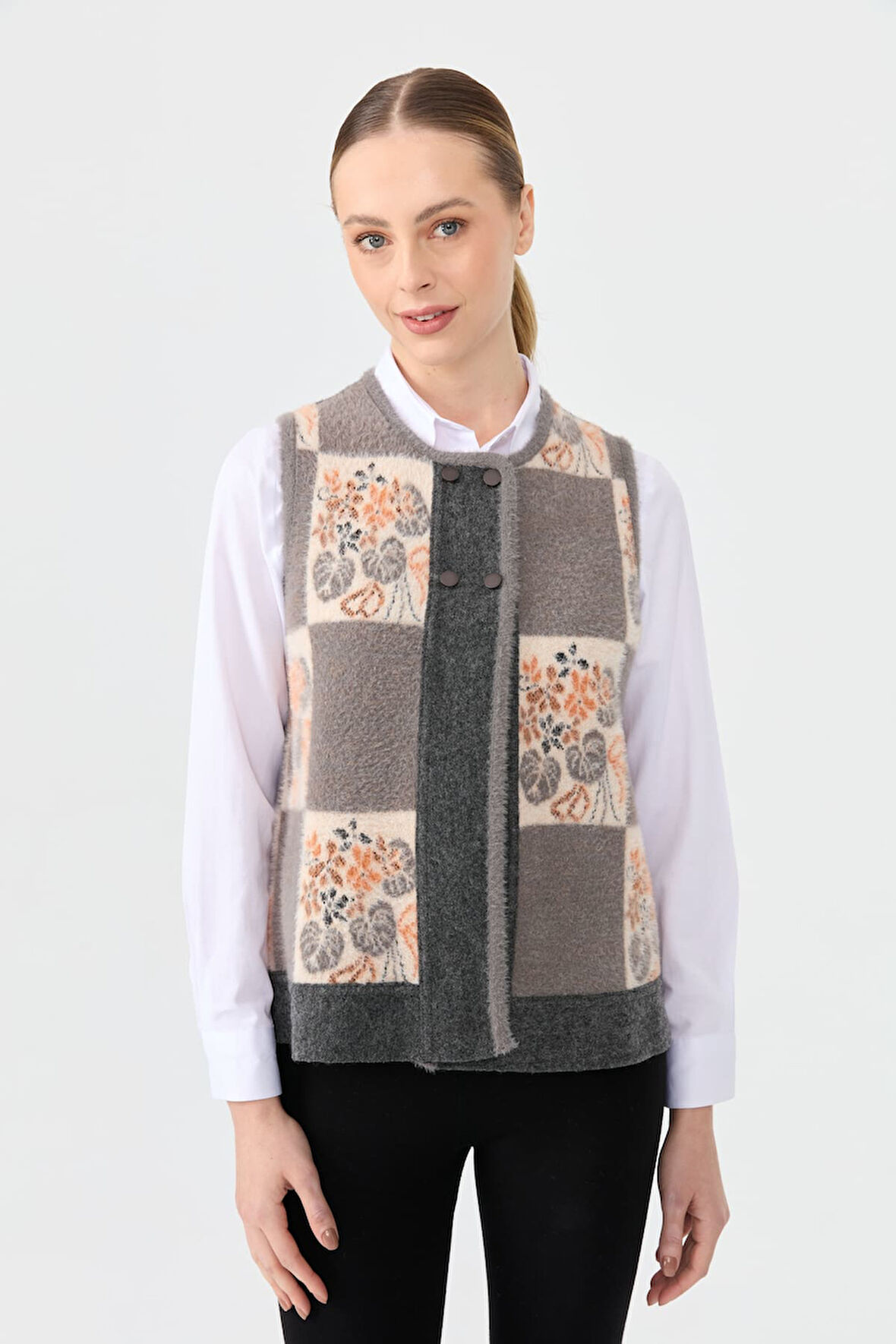 Kadın Sıfır Yaka Patchwork Arkası Keçe Kısa Yün Yelek Füme