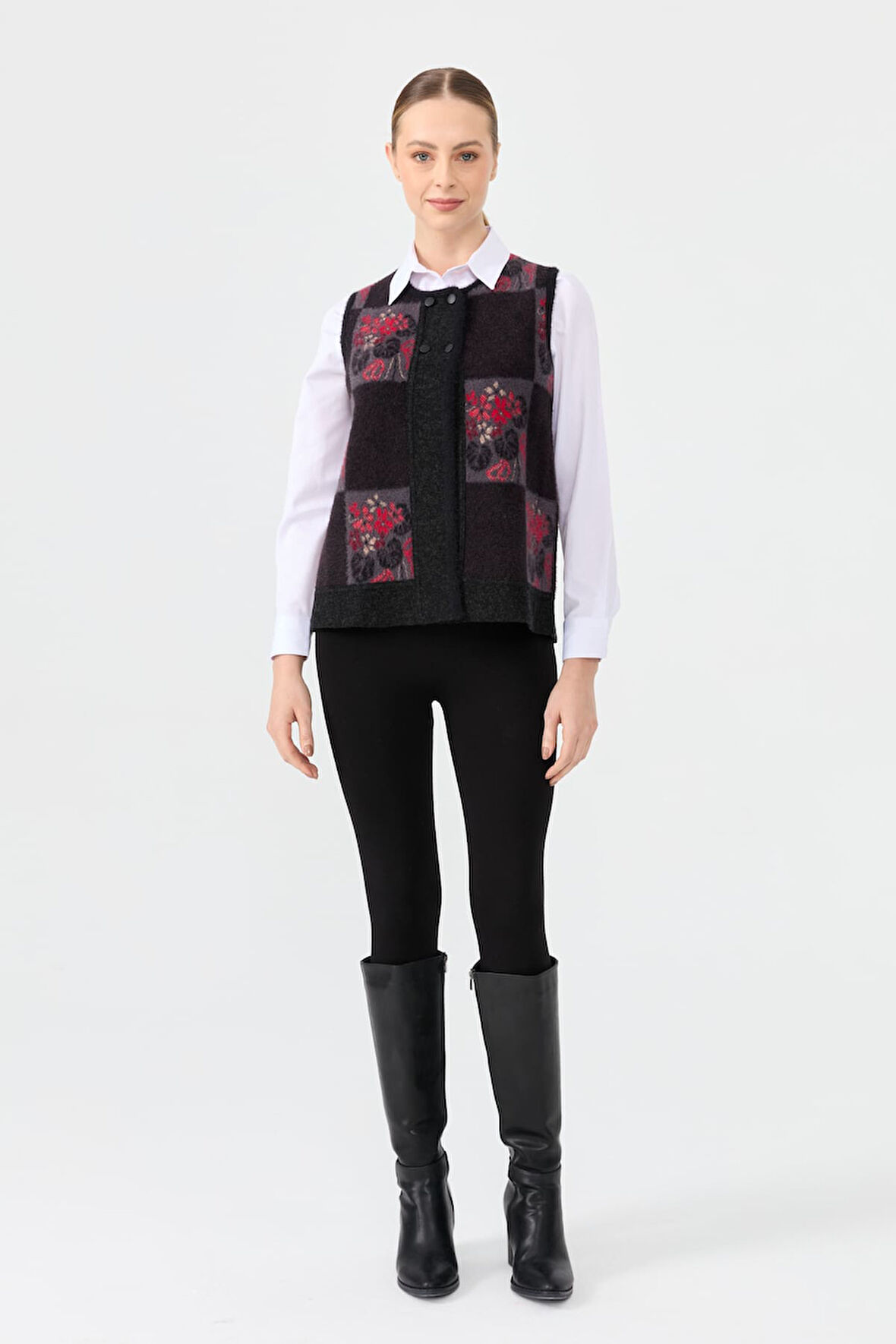 Kadın Sıfır Yaka Patchwork Arkası Keçe Kısa Yün Yelek Siyah