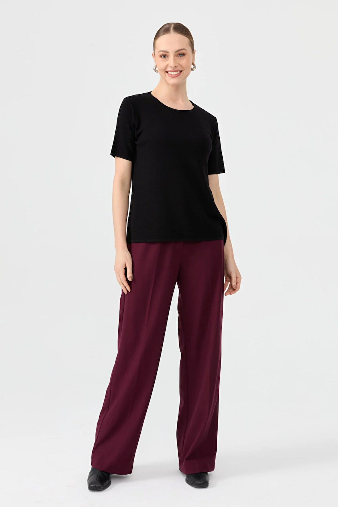 Kadın Sıfır Yaka Kısa Kollu Basic Yün Bluz Siyah