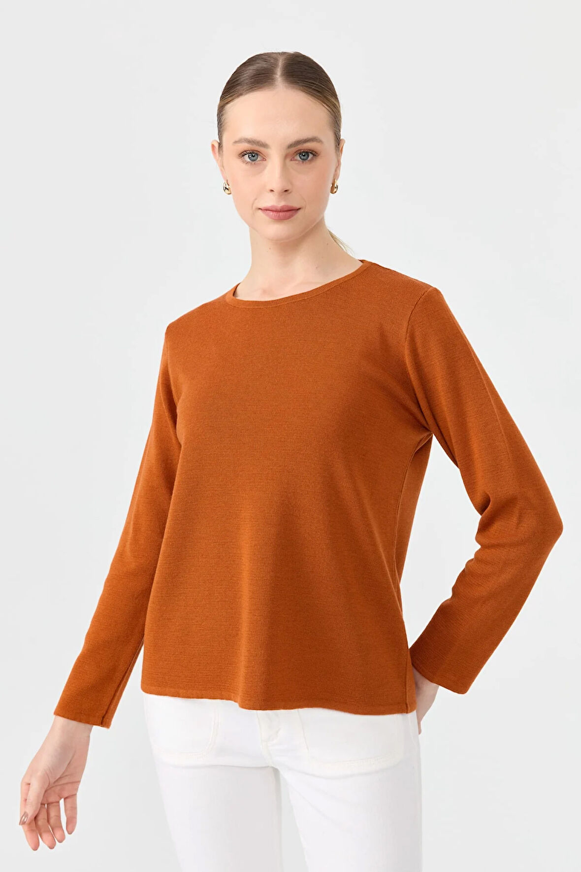Kadın Sıfır Yaka Uzun Kollu Basic Yün Bluz A.Kiremit