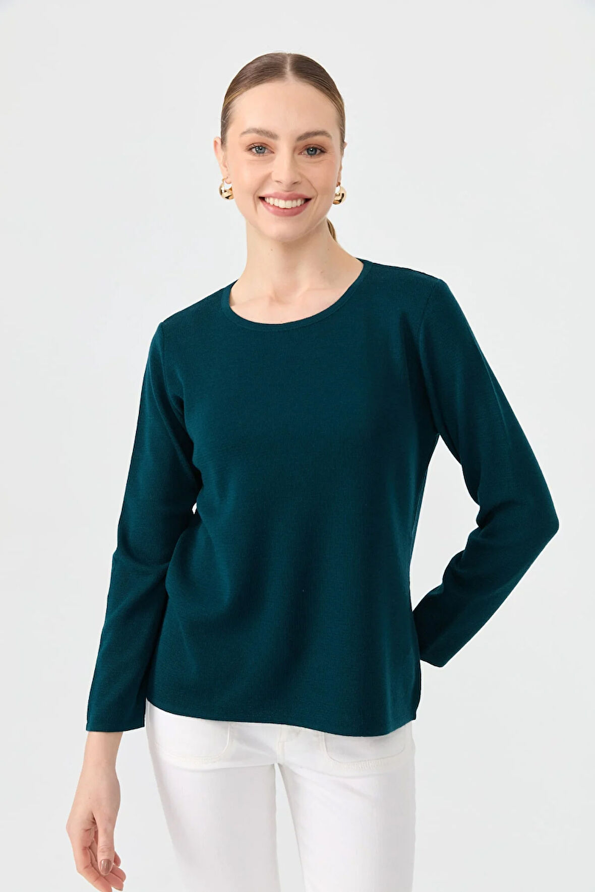 Kadın Sıfır Yaka Uzun Kollu Basic Yün Bluz Petrol