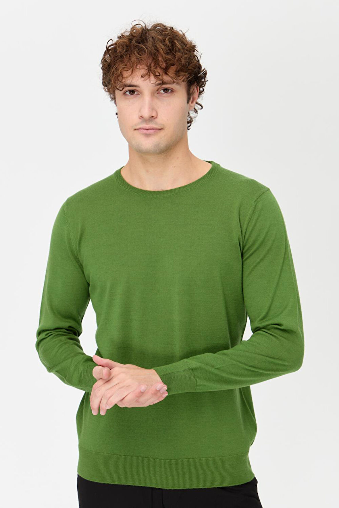 Erkek Basic Sıfır Yaka İnce Triko Kazak K.Yosun