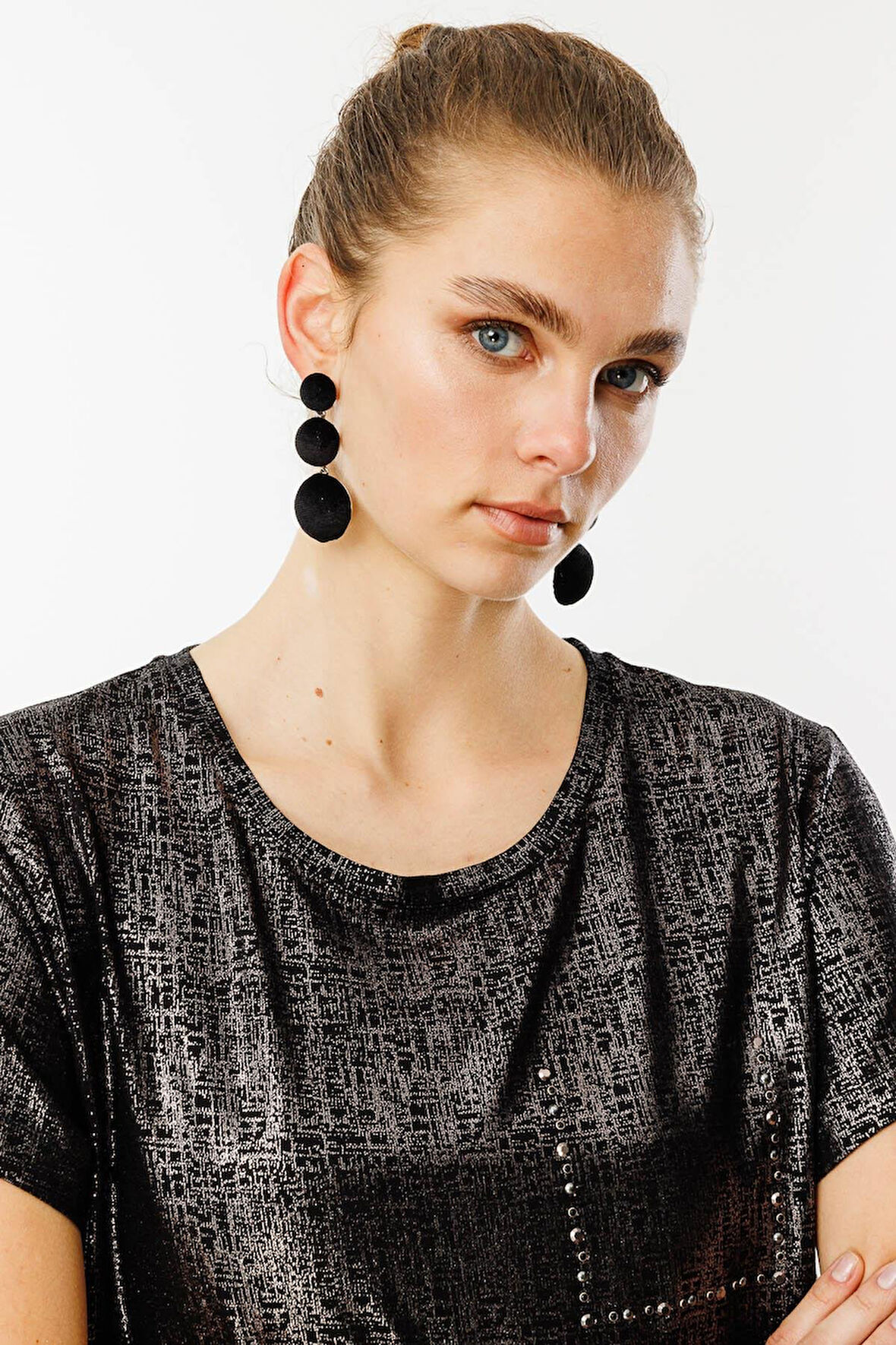 Kadın Sıfır Yaka Düşük Kollu T-shirt Siyah