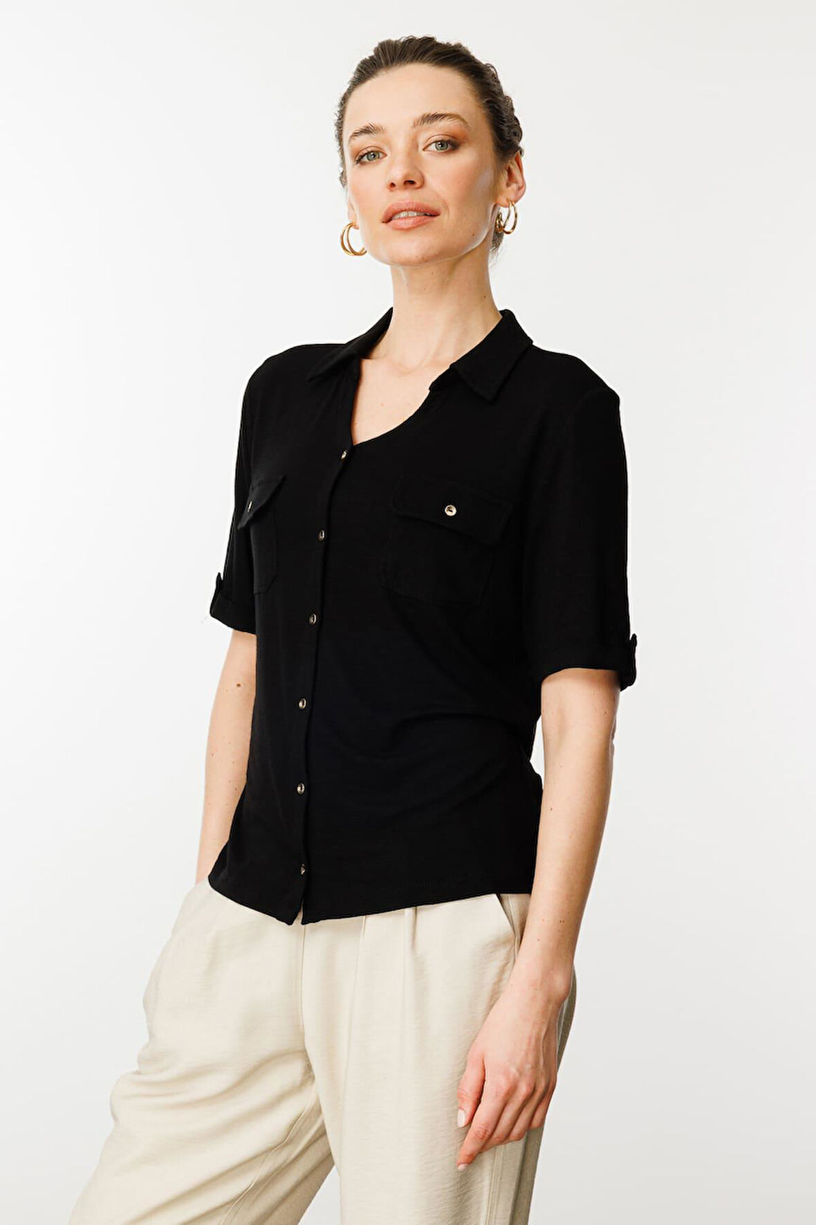 Kadın Göğsü Cepli Penye Gömlek Siyah