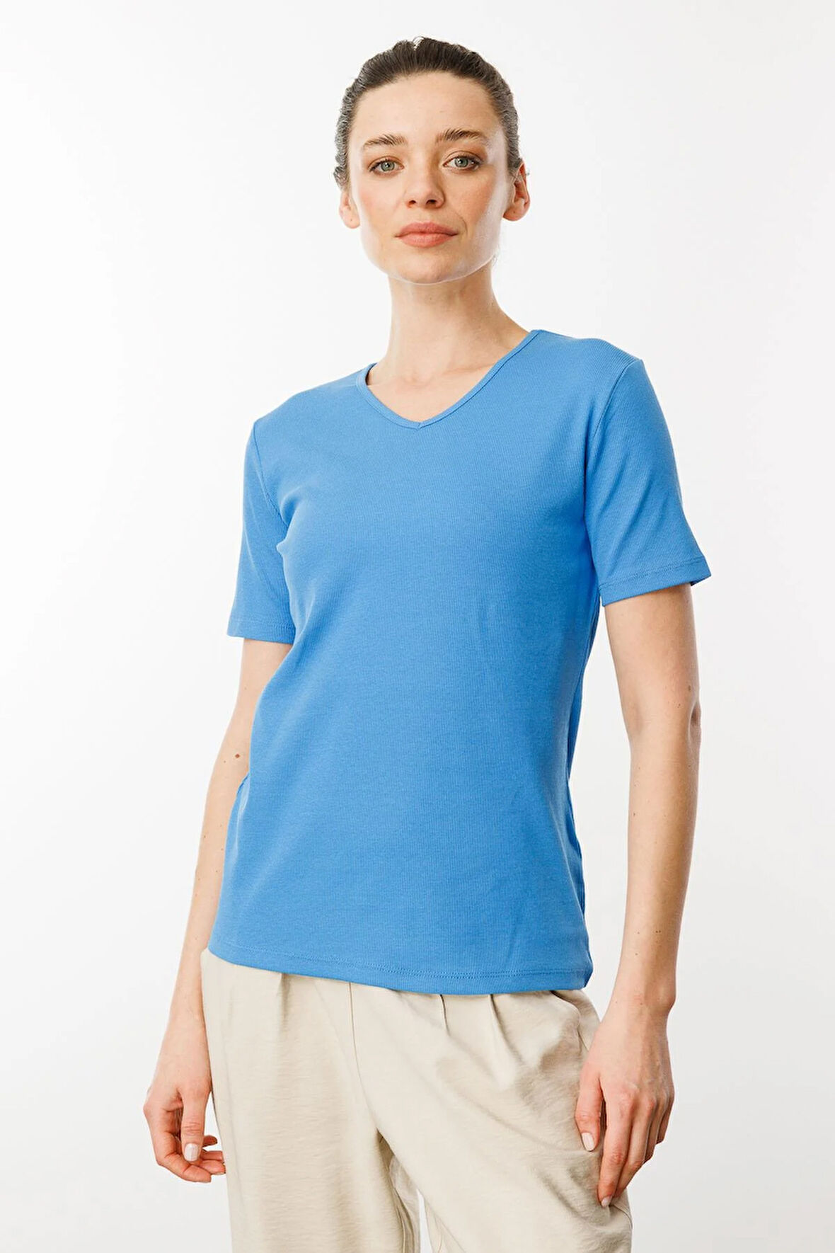 Kadın V Yaka Kaşkorse Pamuk T-shirt Mavi