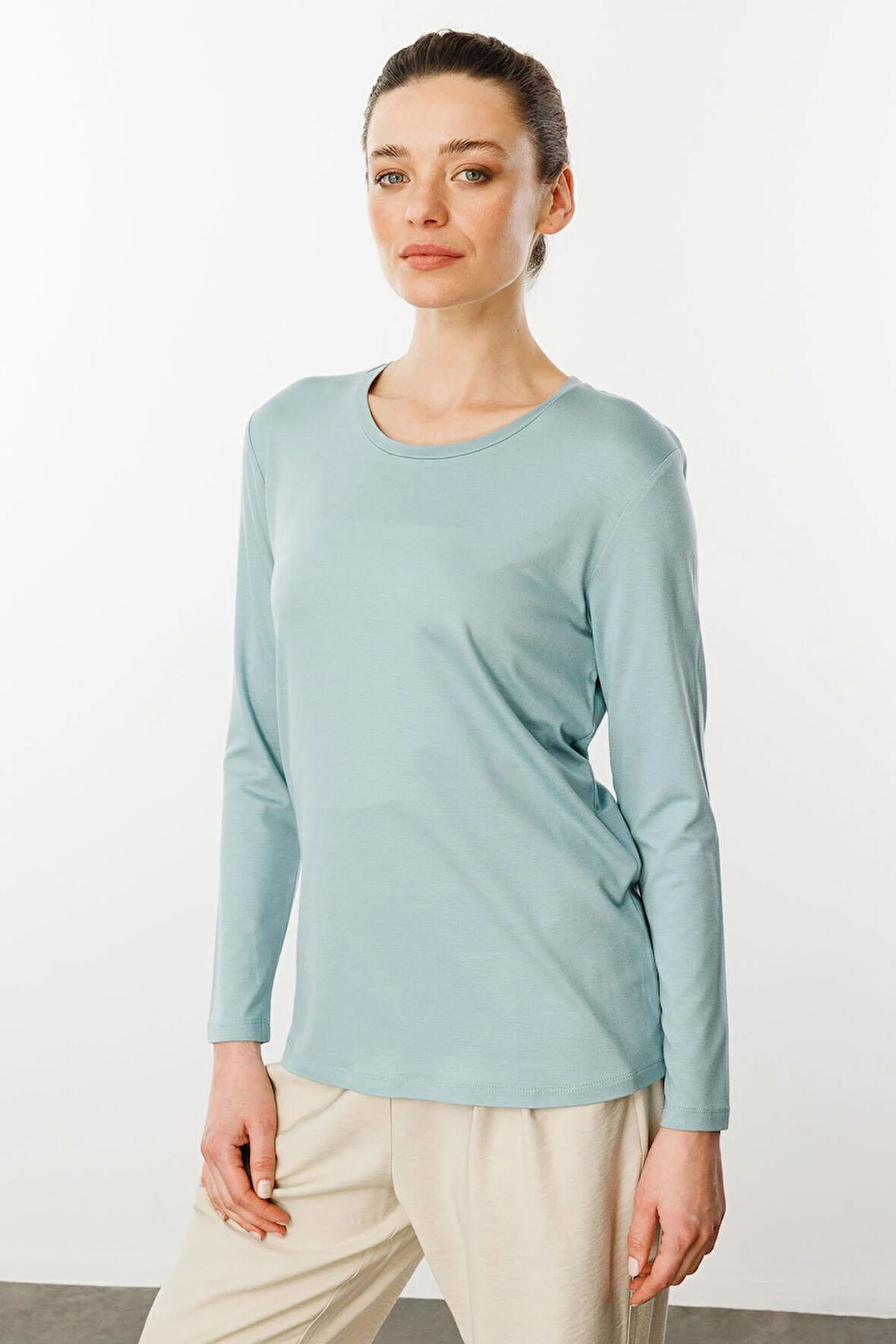 Kadın Sıfır Yaka Basic Penye Bluz Mint