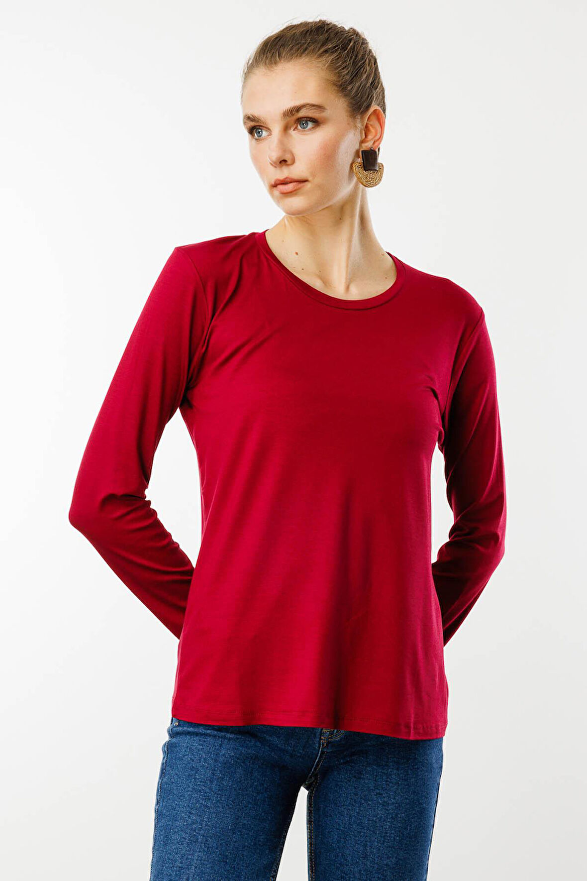 Kadın Sıfır Yaka Basic Penye Bluz Vişne