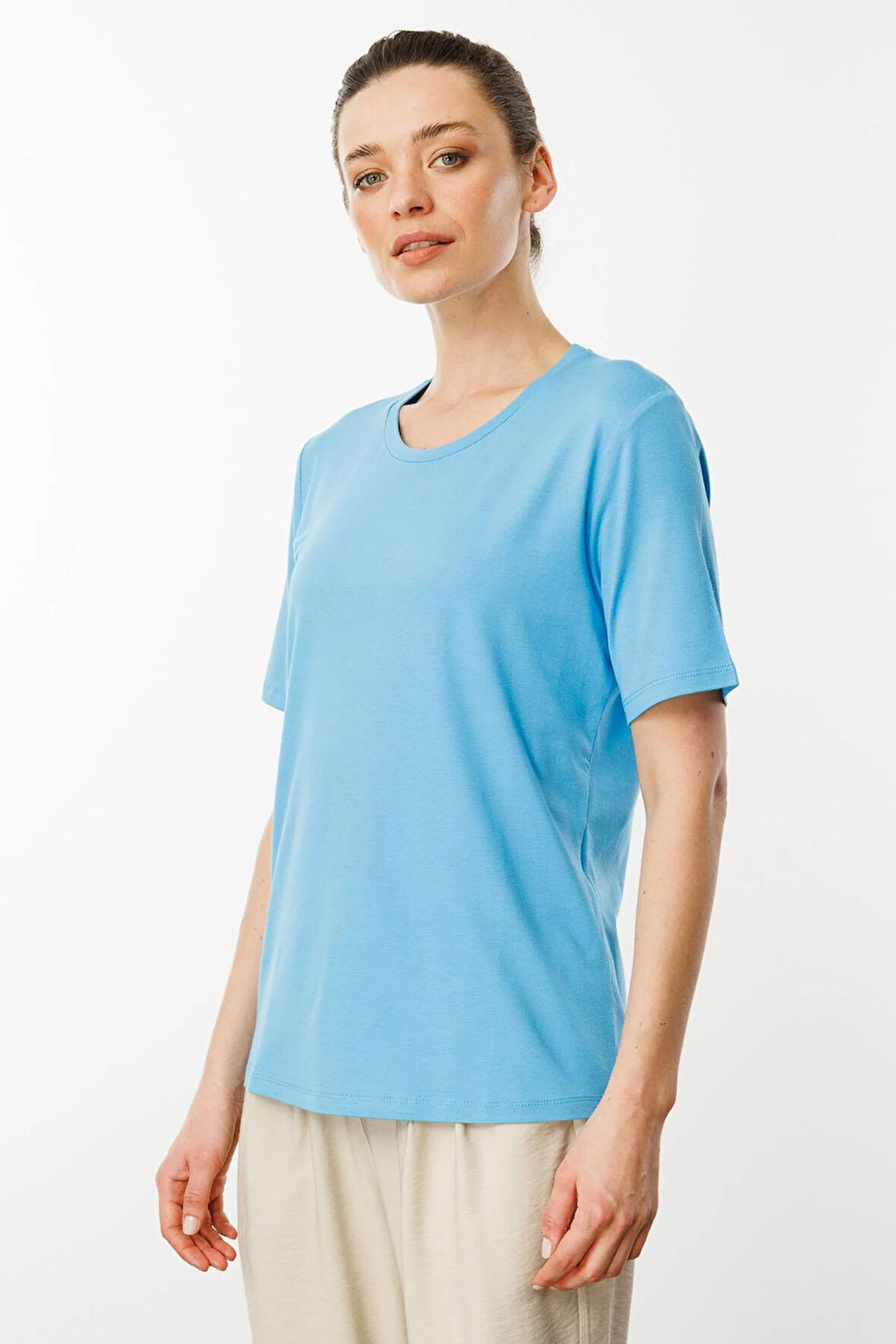 Kadın Sıfır Yaka Basic Penye T-shirt Mavi
