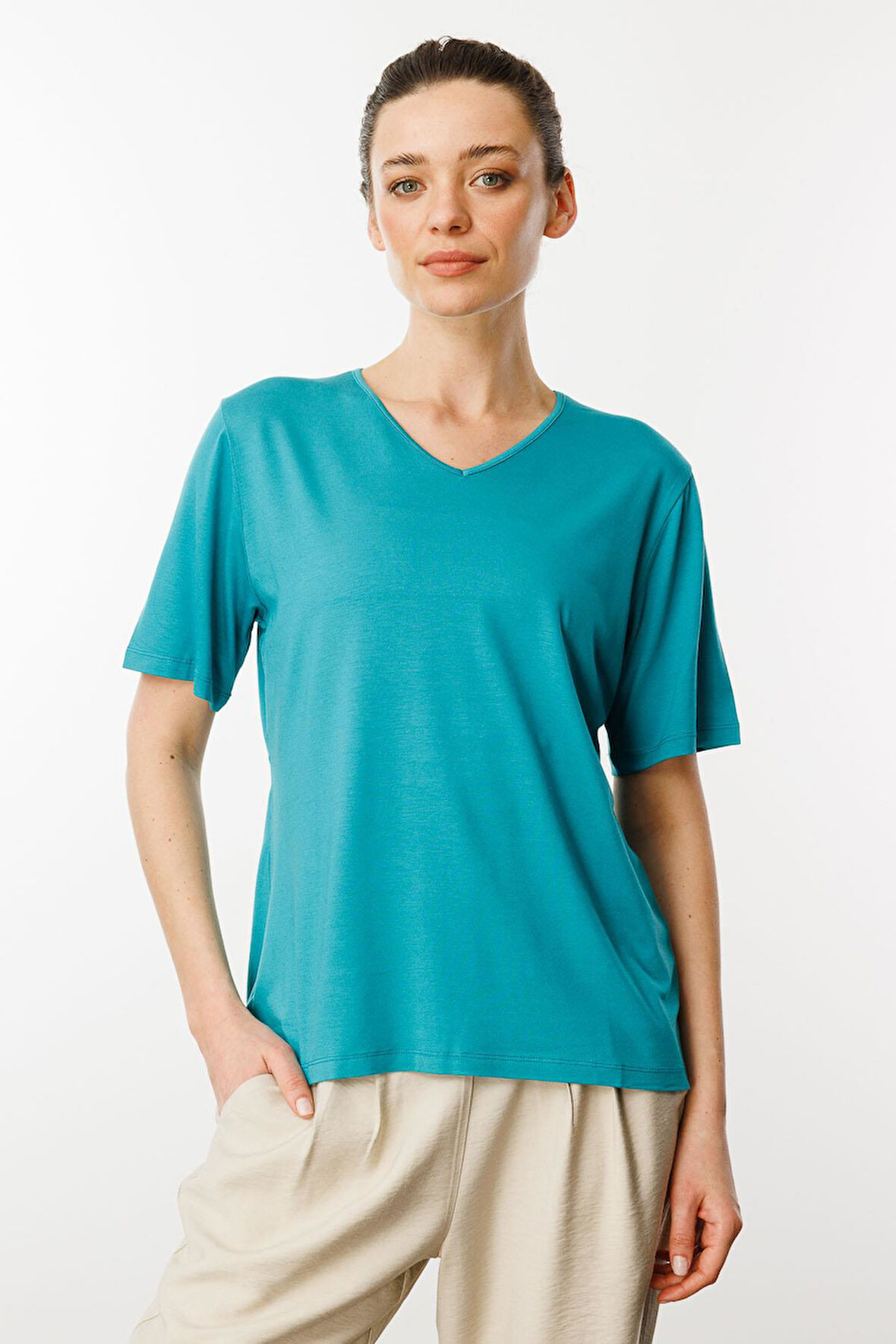 Kadın V Yaka Kısa Kollu Penye T-Shirt Yeşil