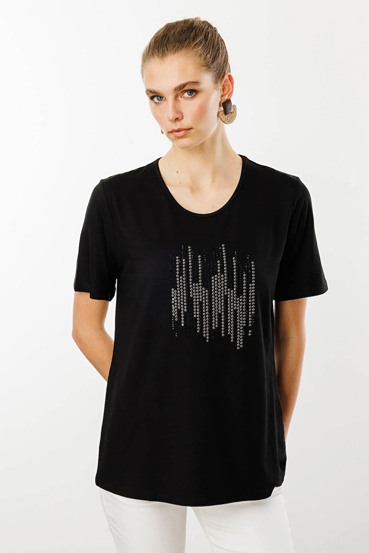 Kadın Sıfır Yaka Taş Baskılı Penye T-Shirt Siyah