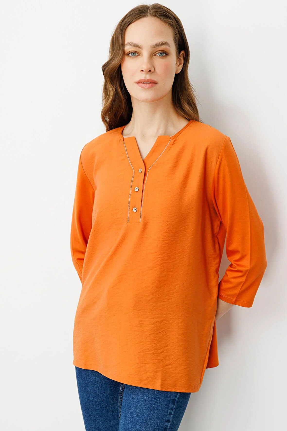 Kadın Açma Yaka Önü Düğmeli Bluz Turuncu